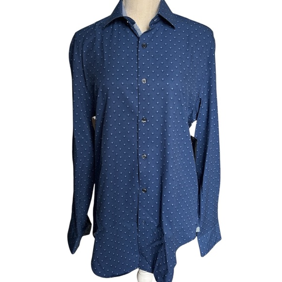 WRK Men’s 4 Way Stretch Slim Fit Dress Shirt in Blue Diamond Dot Size 15.5 NWT - Picture 2 of 9